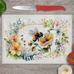 Floral Bumble Bee Glass Chopping Board: Country Kitchen Decor image 2