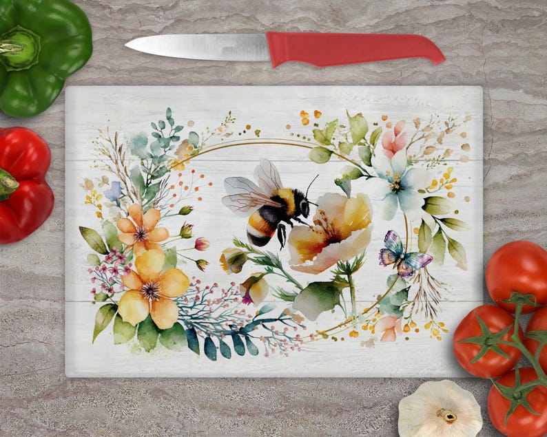 Floral Bumble Bee Glass Chopping Board: Country Kitchen Decor image 2