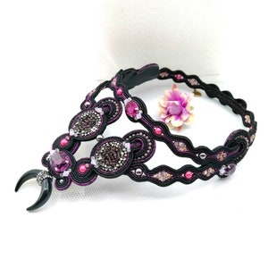 Gothic Moon & Crystals Choker – Unique Handmade Soutache Black Necklace, Celestial Theme