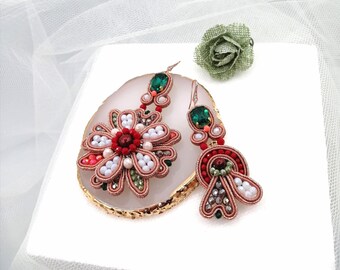 Asymmetrical soutache earrings in rose gold, Mismatched statement crystal flower earrings, Different colorful earring set