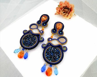 Blue chandelier earrings, Long soutache circle earrings, Romantic sparkly  earrings with Swarovski, Unique jewelry gift idea