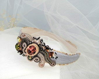Dainty jewelled headband for women, embroidered headpiece with crystals, Cute sparkly soutache jewelry for summer, Gift for women