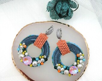 Soutache hoop embroidered earrings in turquoise, Beaded pearl circle earrings, Summer jewelry Gift for women