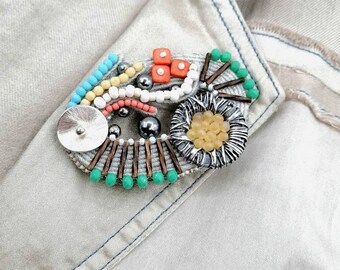 Modern soutache brooch, Artisan bold statement unique brooch pin, Handmade embroidered dress brooch, Contemporary geometric jewelry