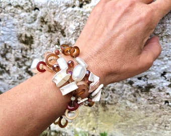 Crocheted four layers wrap bracelet, natural shell in beige, brown boho bracelet,  crochet boho jewelry for summer
