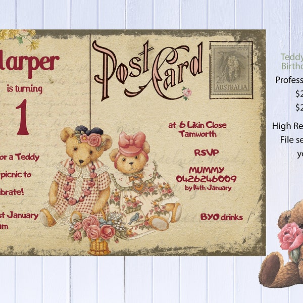 Teddy Bear's Picnic Birthday Invitation |  Digital File sent | Printable JPEG File Emailed | Girl | or Boy |