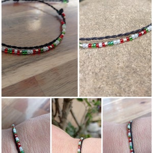 Alix Thin bracelet with black macrame threads, adjustable and small green, red and white beads, Boho style image 1