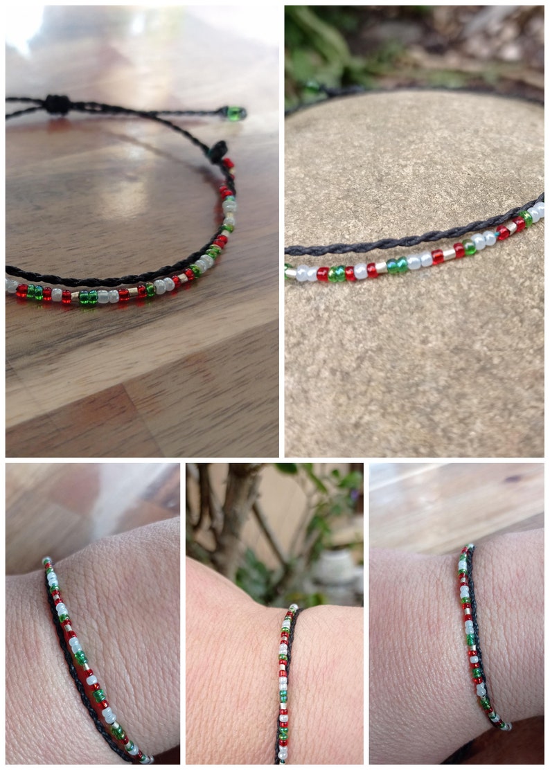 Alix Thin bracelet with black macrame threads, adjustable and small green, red and white beads, Boho style image 1