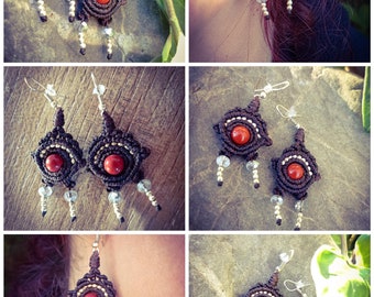 Romane* Boucles d'oreilles macramé jaspe rouge et marron œil style  Bohème