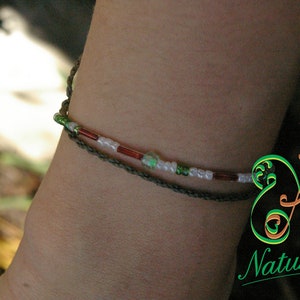 Alix Thin bracelet with black macrame threads, adjustable and small green, red and white beads, Boho style image 4