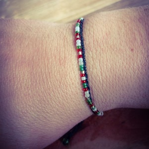 Alix Thin bracelet with black macrame threads, adjustable and small green, red and white beads, Boho style image 8