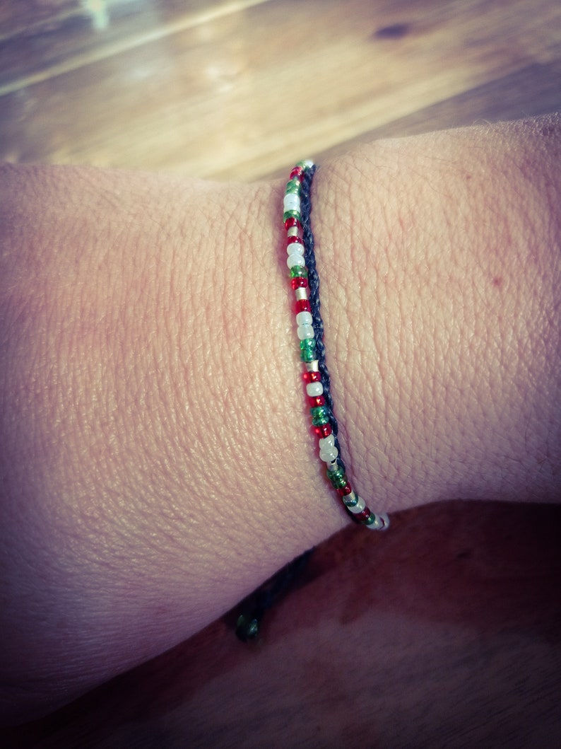 Alix Thin bracelet with black macrame threads, adjustable and small green, red and white beads, Boho style image 8