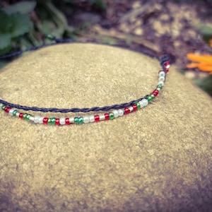 Alix Thin bracelet with black macrame threads, adjustable and small green, red and white beads, Boho style image 10