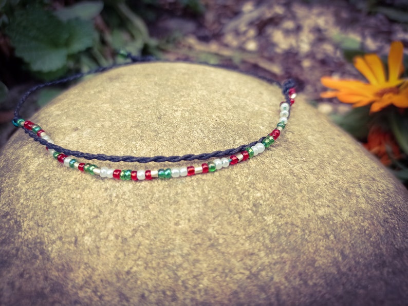 Alix Thin bracelet with black macrame threads, adjustable and small green, red and white beads, Boho style image 10