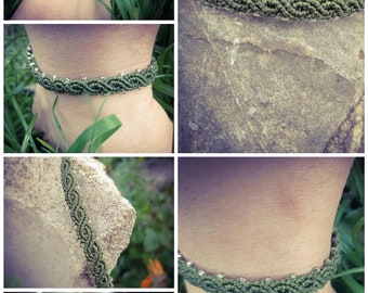 Tobillera y/o pulsera de macramé ola verde y perla blanca, ajustable, estilo Boho