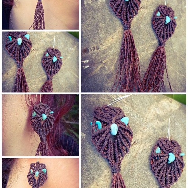 Braune Eulen-Ohrringe und türkisfarbene Chips.#Ohrringe #BOHO#Macramé#SCHMUCK#Unique#hochzeit#Liebe#Accessoires