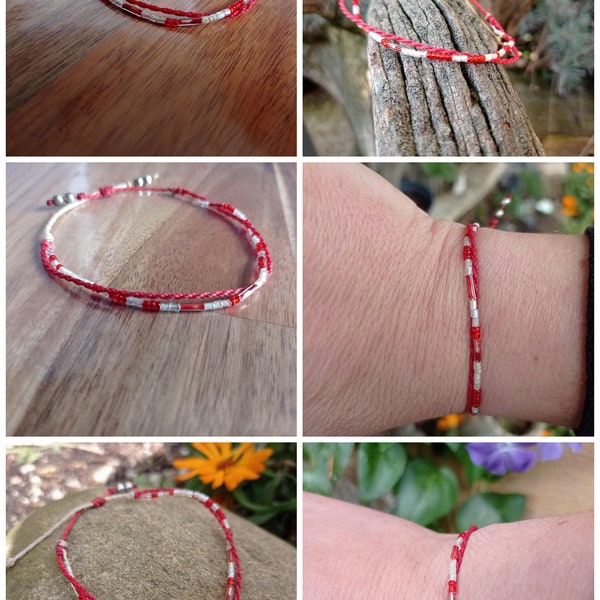 Bracelet fin fils macramé rouge, réglable et perles rouge et blanche style Boho