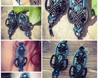 Margaux * Long black and blue macrame earrings with crystal blue beads and black multifaceted beads