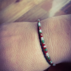 Alix Thin bracelet with black macrame threads, adjustable and small green, red and white beads, Boho style image 7