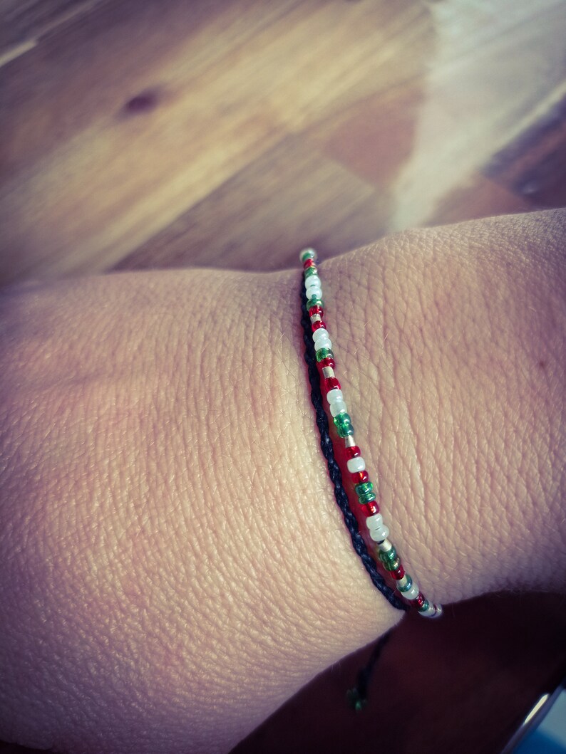 Alix Thin bracelet with black macrame threads, adjustable and small green, red and white beads, Boho style image 7