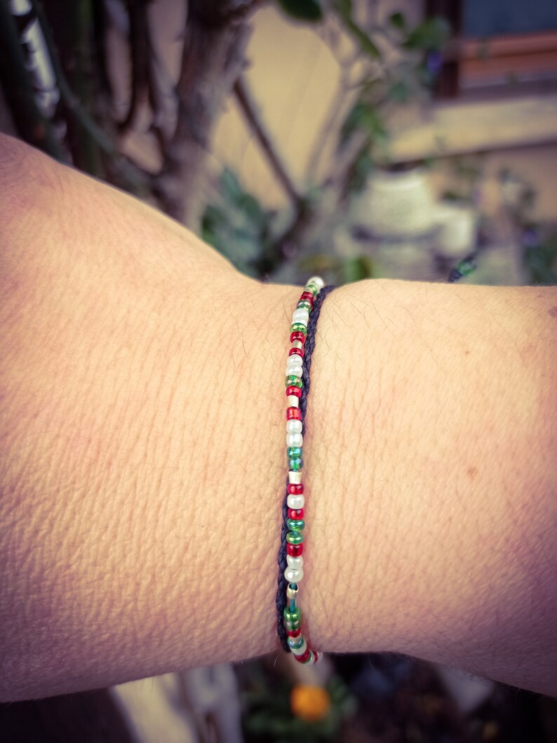 Alix Thin bracelet with black macrame threads, adjustable and small green, red and white beads, Boho style image 9