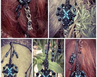 Natte Maïta aztéque  bleu et  noire , perles bleu et noir, accessoire de coiffure, atebas, dreads en macramé style Boho