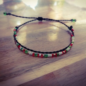 Alix Thin bracelet with black macrame threads, adjustable and small green, red and white beads, Boho style image 6