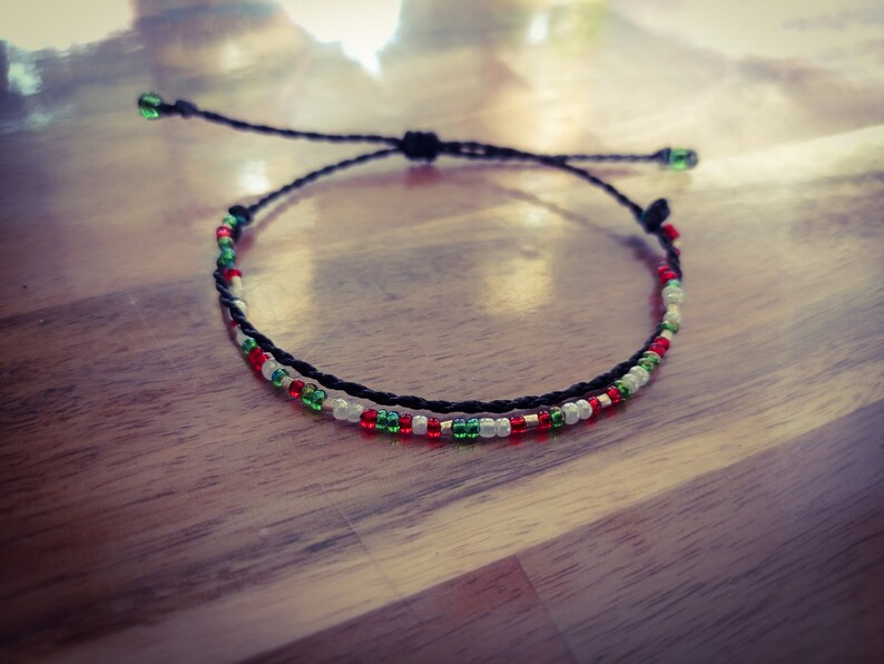 Alix Thin bracelet with black macrame threads, adjustable and small green, red and white beads, Boho style image 6