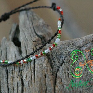 Alix Thin bracelet with black macrame threads, adjustable and small green, red and white beads, Boho style image 5