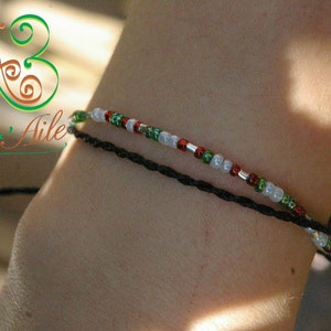 Alix Thin bracelet with black macrame threads, adjustable and small green, red and white beads, Boho style image 2