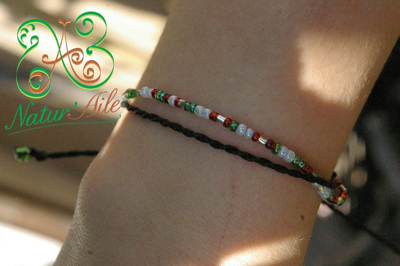 Alix Thin bracelet with black macrame threads, adjustable and small green, red and white beads, Boho style image 2