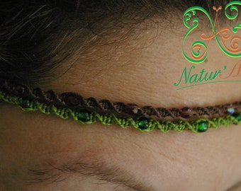 Headband Maïta invention original en macramé double marron et vert pistache