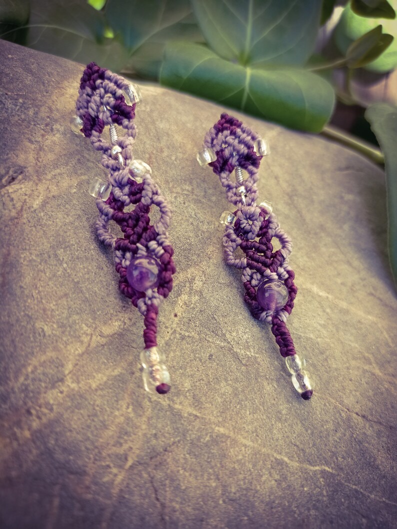 Julia Boucles doreilles macramé Jolies perles daméthyste, violine et violet, couvre lobe style Bohème image 5