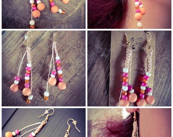 Boho style pink and white hanging bead earrings