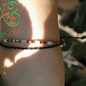 Alix Thin bracelet with black macrame threads, adjustable and small green, red and white beads, Boho style image 3