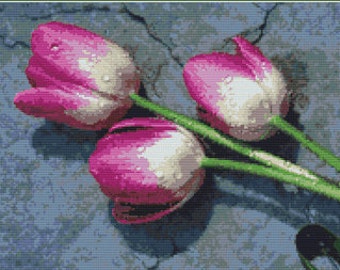 Pink Spring Tulips Flowers Counted Cross Stitch Pattern in PDF for Instant Download