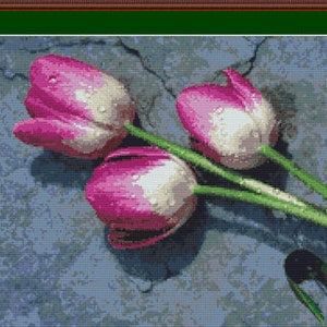 Pink Spring Tulips Flowers Counted Cross Stitch Pattern in PDF for Instant Download