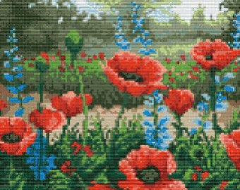 Wild Red Poppy Field of Flowers Counted Cross Stitch Pattern in PDF for Instant Download