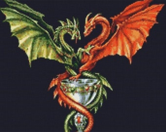 Red and Green Dragons Fantasy Counted Cross Stitch Pattern in PDF for Instant Download