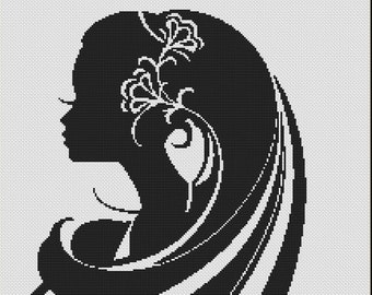 Pretty Lady with Long Hair Silhouette Black and White Counted Cross Stitch Pattern in PDF for Instant Download