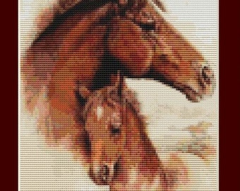 Mother's Love Brown Mare and Foal Horses Counted Cross Stitch Pattern in PDF for Instant Download