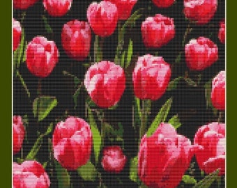 Pink Tulip Flowers Counted Cross Stitch Pattern in PDF for Instant Download