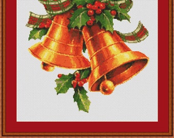 Gold Christmas Bells With Holly Counted Cross Stitch Pattern in PDF for Instant Download