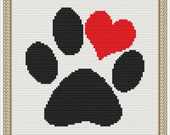 Love Puppy Paw Print Counted Cross Stitch Pattern in PDF for Instant Download
