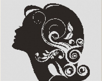 Beautiful Lady Silhouette One Color Counted Cross Stitch Pattern (9.57 x 10.57 in or 24.31 x 26.85 cm) download printable PDF Chart (4061)