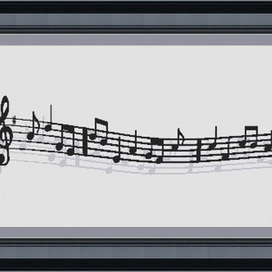 May include: Black and white musical notes on a staff, with a treble clef at the beginning. The notes are arranged in a curved line, creating a sense of movement.