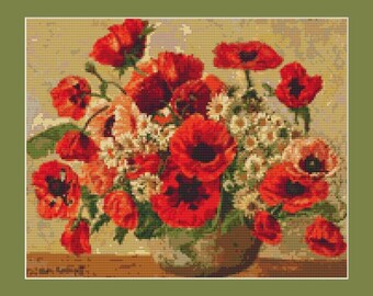 Pot of Red Poppies Counted Cross Stitch Pattern (12.36 x 10 in or 31.39 x 25.40 cm) download printable PDF file (4007)