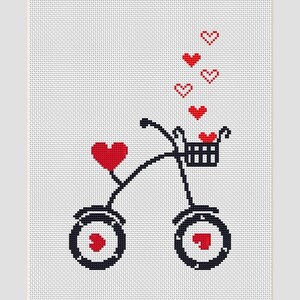 Love Bike Catching Hearts Easy Counted Cross Stitch Pattern in PDF for Instant Download