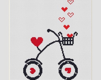 Love Bike Catching Hearts Modèle de point de croix compté facile en PDF pour téléchargement immédiat