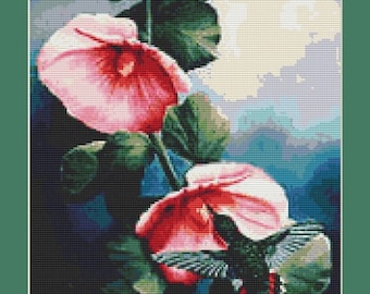Hummingbird Feeding Counted Cross Stitch Pattern in PDF for Instant Download